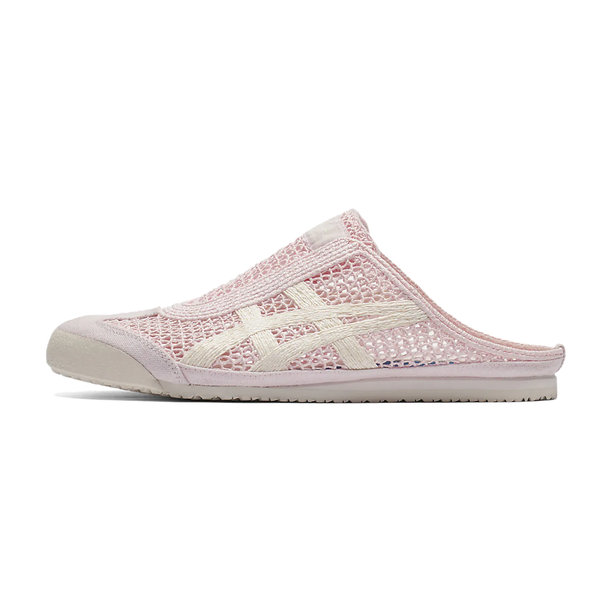 Onitsuka Tiger Mexico 66 Sabot Crystal Pink Cream, zijaanzicht met roze mesh en crème strepen op witte zool