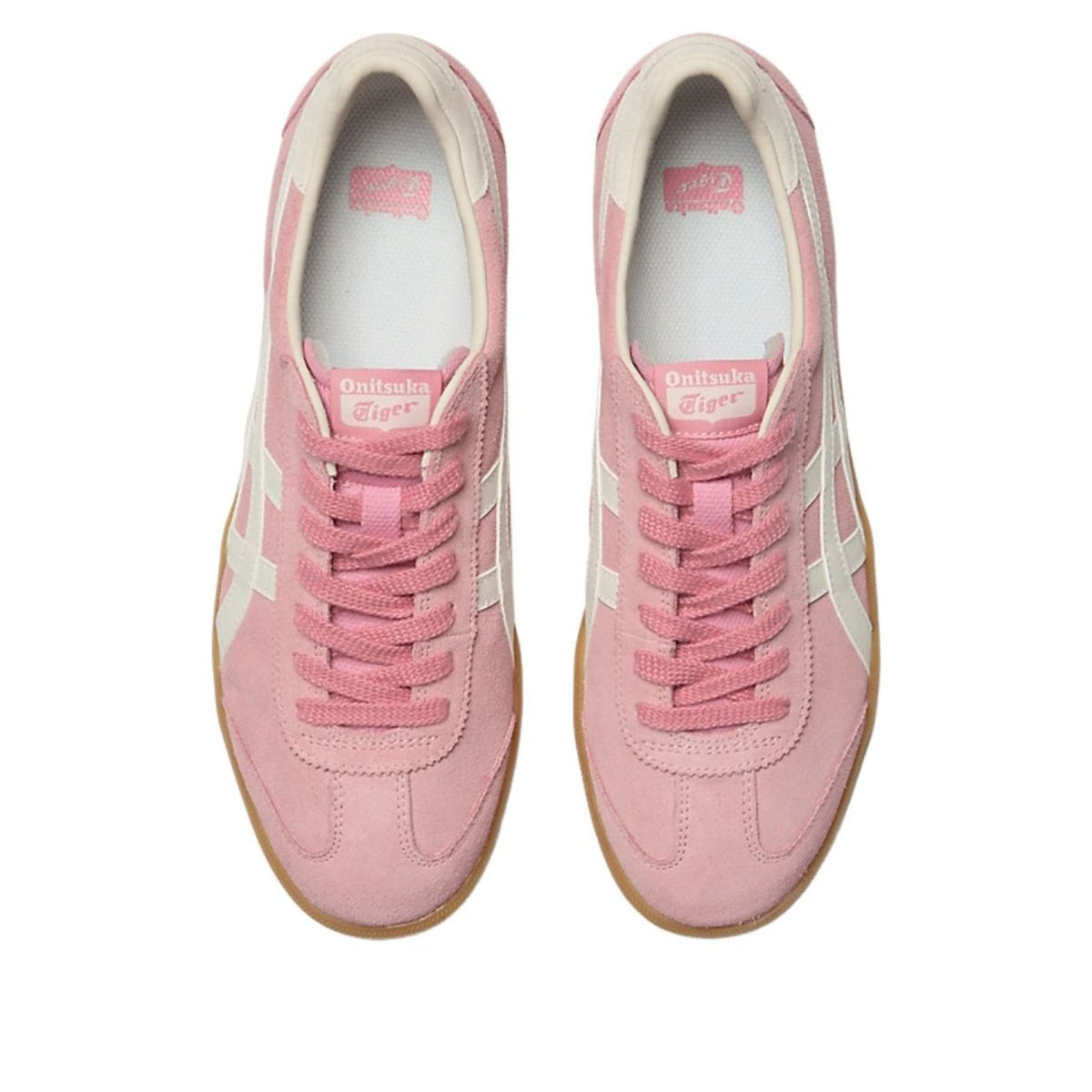 Onitsuka Tiger Tokuten Blossom Pink Off-White bovenaanzicht, roze suède met contrasterende veters