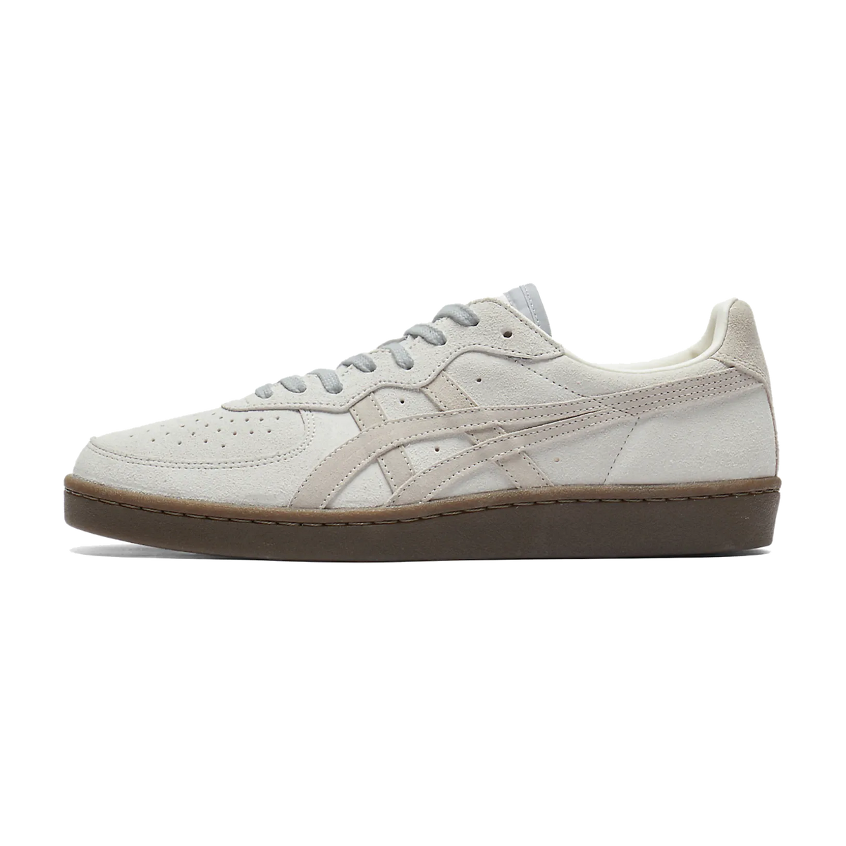 Onitsuka Tiger GSM Glacier Grey White zijaanzicht, crème leren upper met grijze strepen en bruine rubberzool