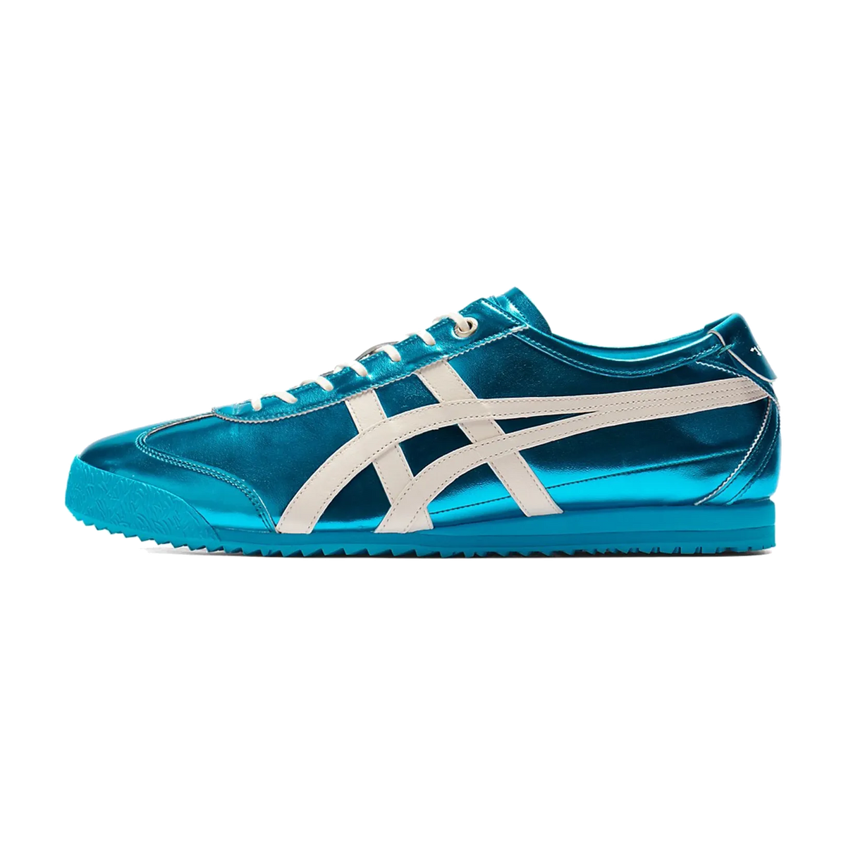 Onitsuka Tiger Mexico 66 SD Metallic Series, zijaanzicht met metallicblauw canvas en witte strepen, rubberen zool