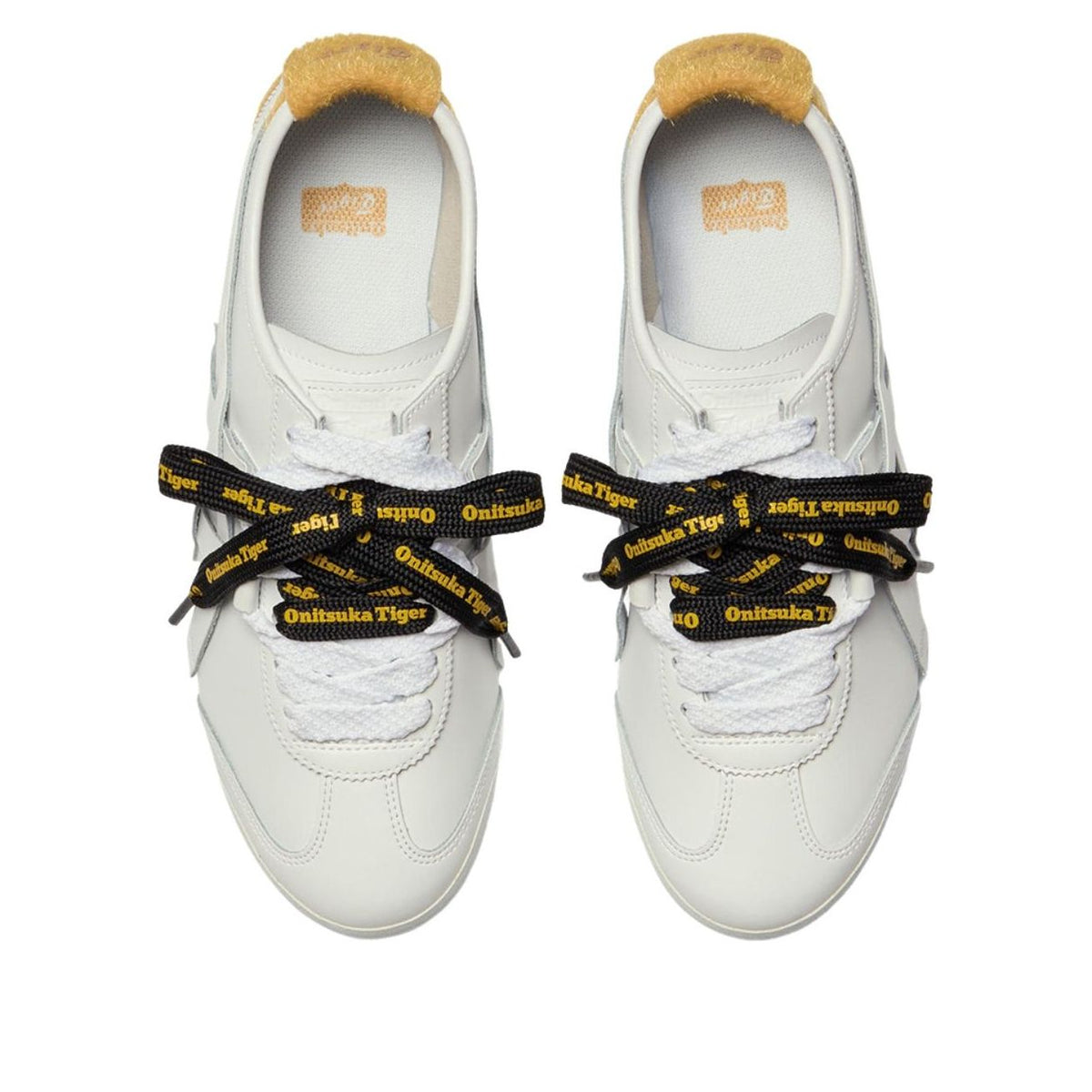 Onitsuka Tiger Mexico 66 New Year 2026 bovenaanzicht, wit leer met geel afzetwerk en zwart-gele merkveter