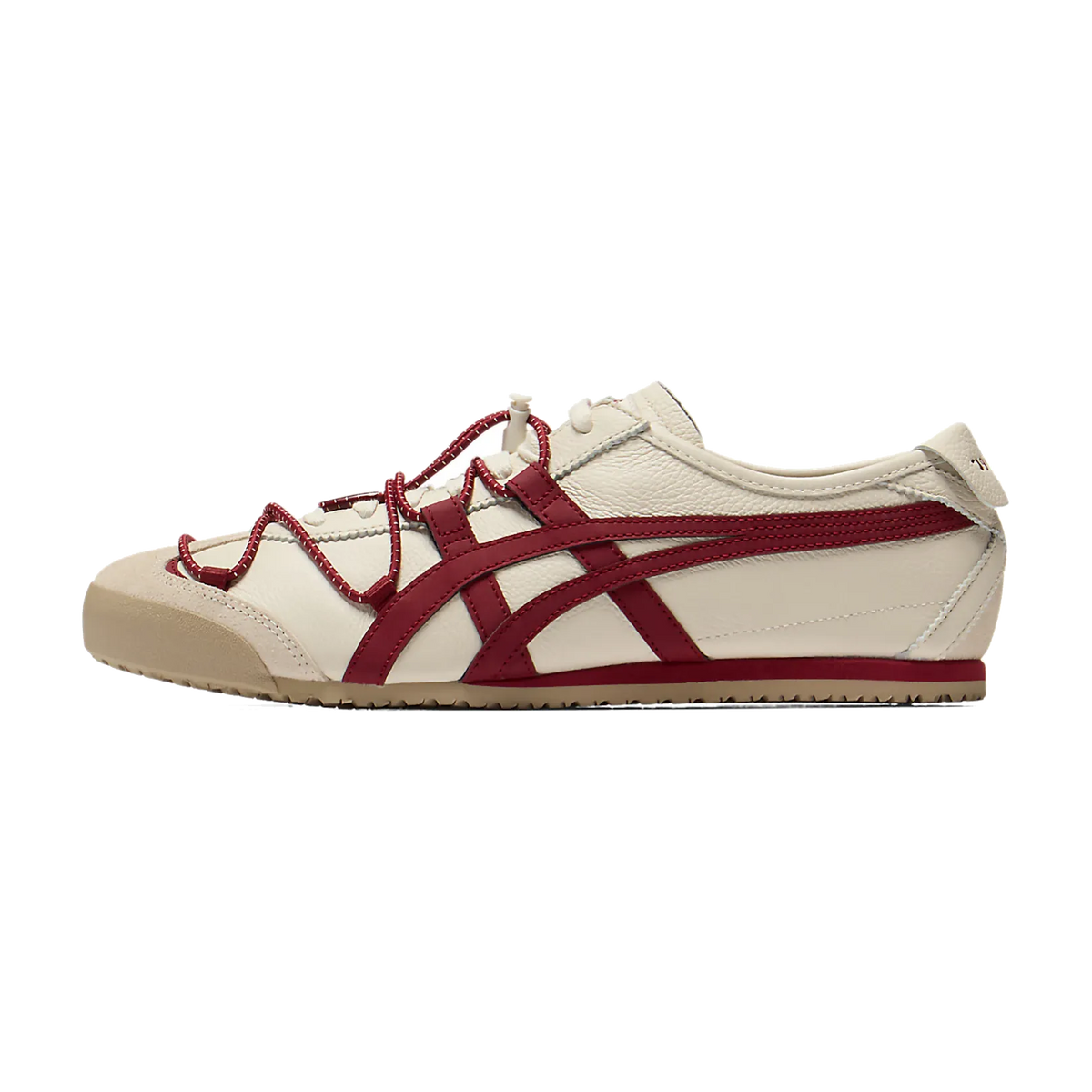Onitsuka Tiger Mexico 66 Viny Birch Beet Juice, zijaanzicht met crèmekleurig leer en bordeauxrode strepen, trekkoord detail