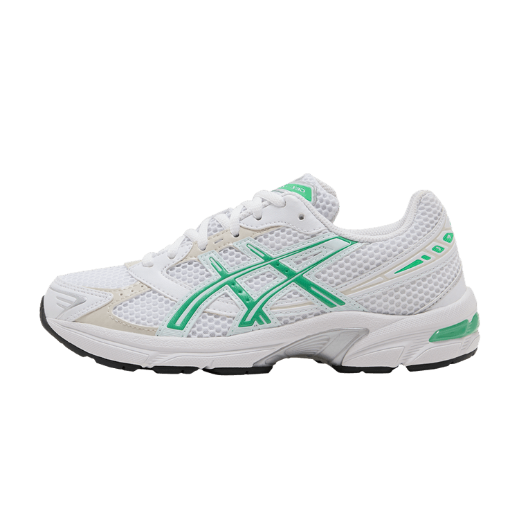 ASICS Gel-1130 White Malachite Green zijaanzicht, wit mesh met groen kruis-stiksels en zwarte zool