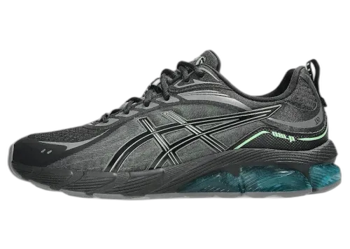 ASICS Gel-Quantum 180 VIII Black Menthol, zijaanzicht met grijs-zwart mesh, reflectieve stiksels en turquoise gel-zool