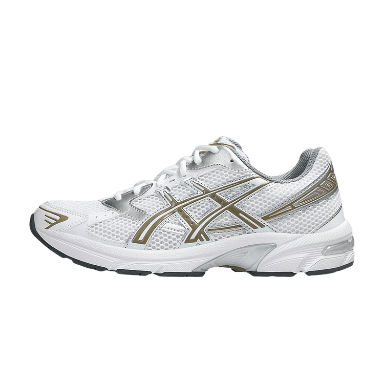 ASICS Gel-1130 White Pepper, zijaanzicht van witte sneaker met goudkleurige en grijze stiksels, mesh en synthetisch materiaal