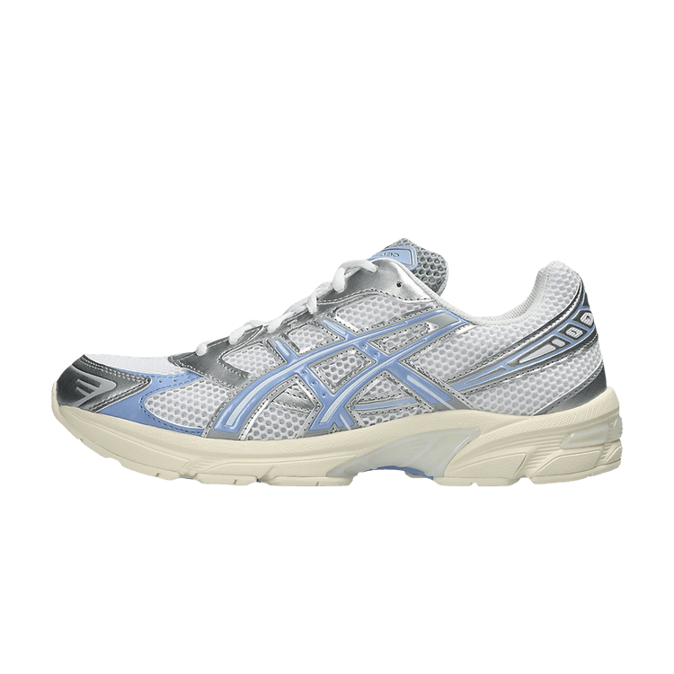 ASICS Gel-1130 White Light Sapphire, zijaanzicht met grijswit mesh, blauw accent strepen en crèmekleurige zool