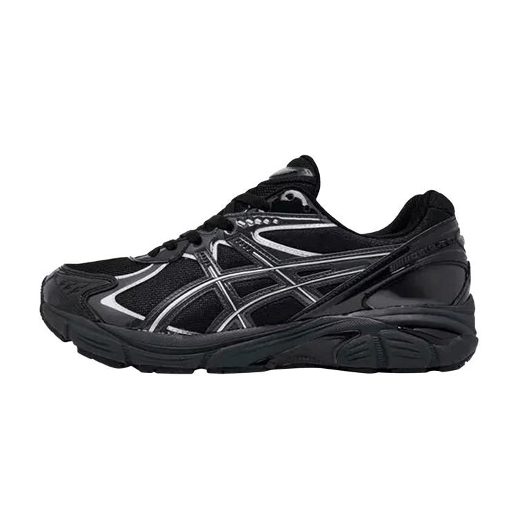 ASICS GT-2160 Black zijaanzicht, zwart mesh met zilverkleurige stiksels en dikke zool