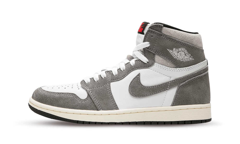 Side view of Nike Air Jordan 1 High OG Washed Black sneaker featuring washed black suede overlays, white leather panels, and classic high-top design, the real deal.