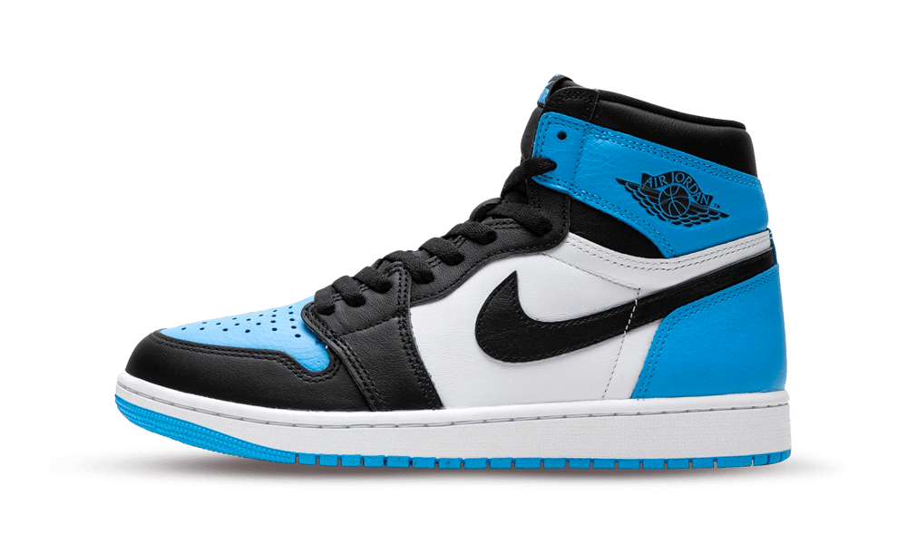 Side view of Nike Air Jordan 1 High OG UNC Toe sneaker in black, white, and blue, showcasing premium leather and iconic design, the real deal exclusive in Europe.