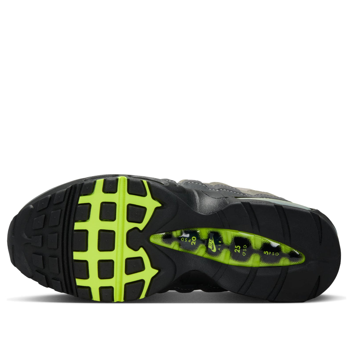 Nike Air Max 95 OG Big Bubble Neon (2026) zoolprofiel met neon-geel ruitpatroon en zwart rubber
