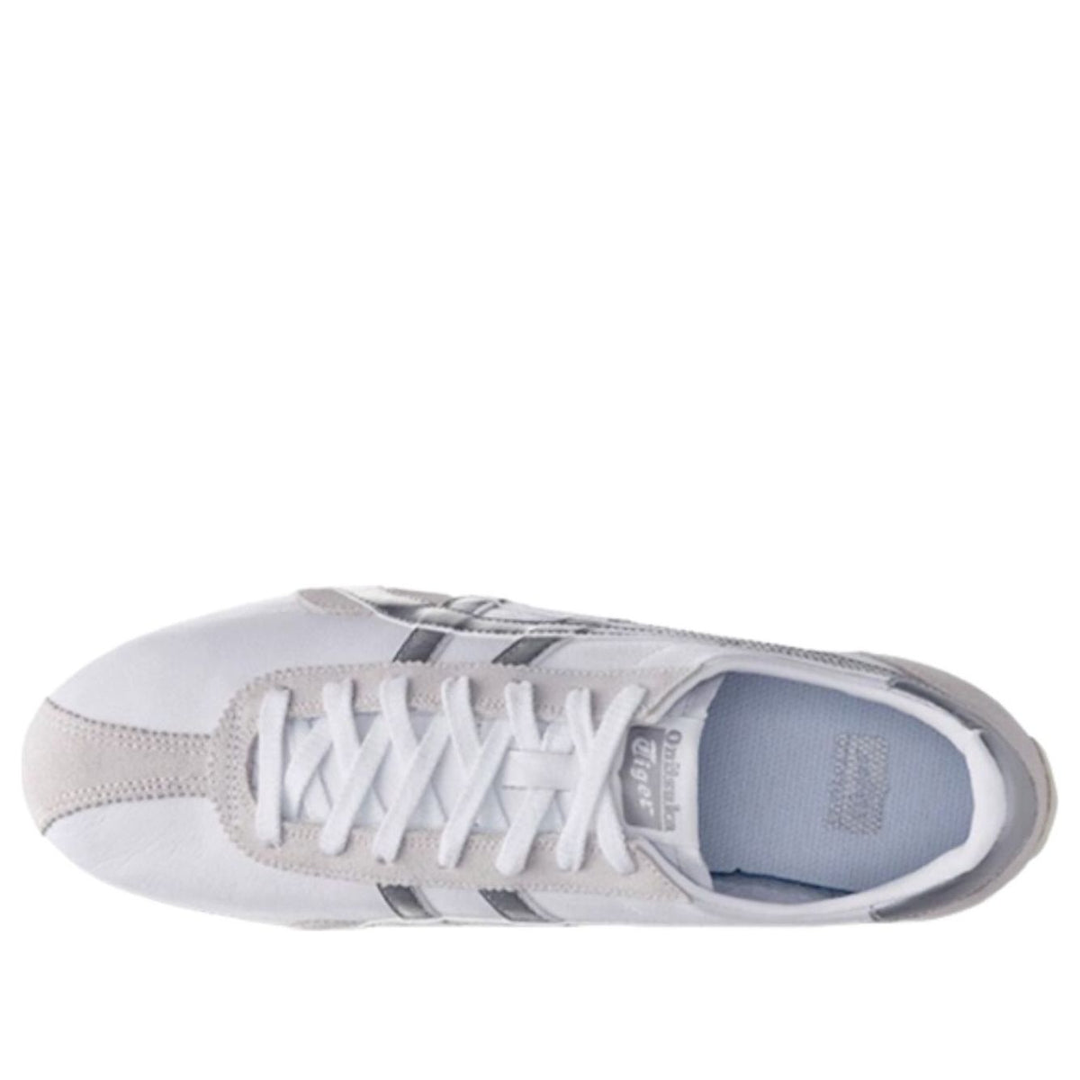 Onitsuka Tiger Runspark White Silver, bovenaanzicht toont witte veters en grijze accenten