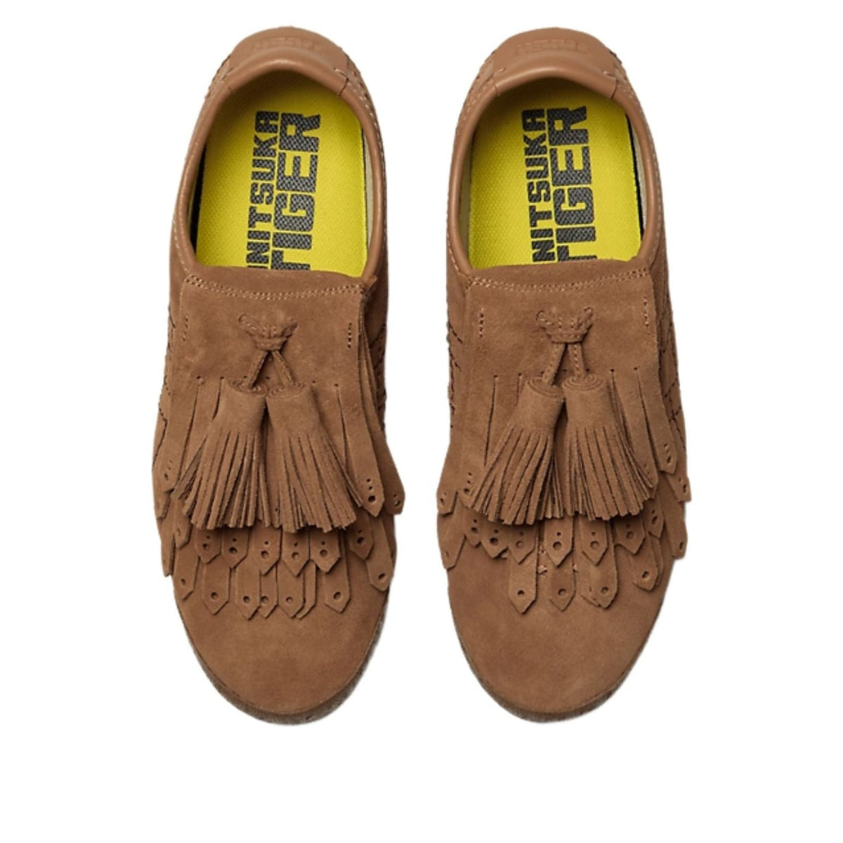 Onitsuka Tiger Mexico 66 Fringe Mocha Brown Dark Brown, bovenaanzicht met gele binnenzool en franjedetail op beide schoenen