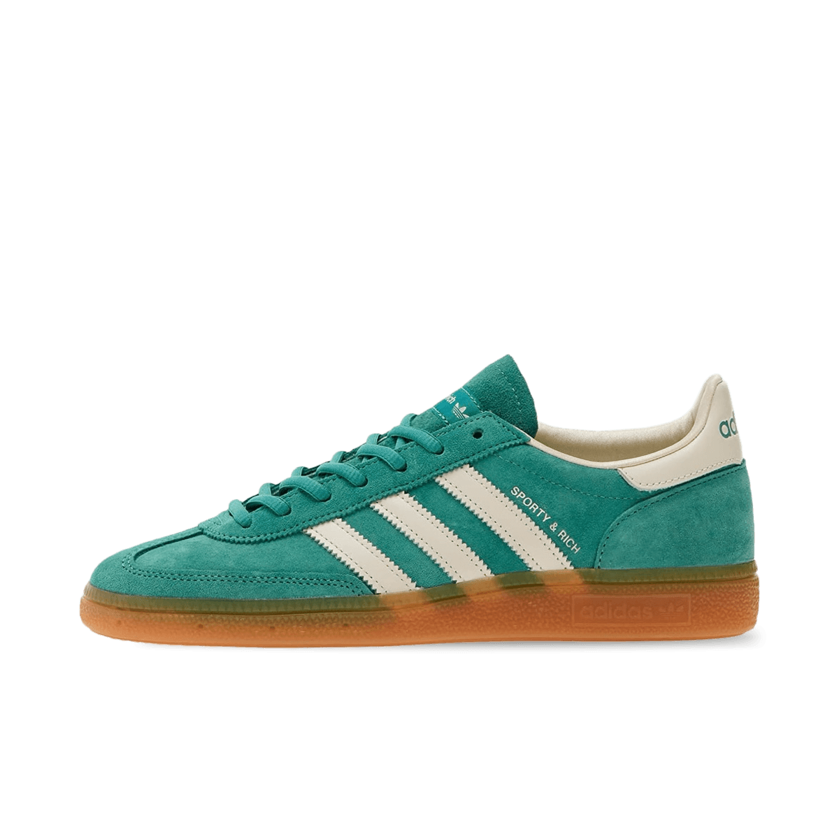 Side view of Adidas Handball Spezial Sporty & Rich Green sneaker featuring teal suede upper, white stripes, and gum sole, showcasing exclusive European sneaker style - The real deal.