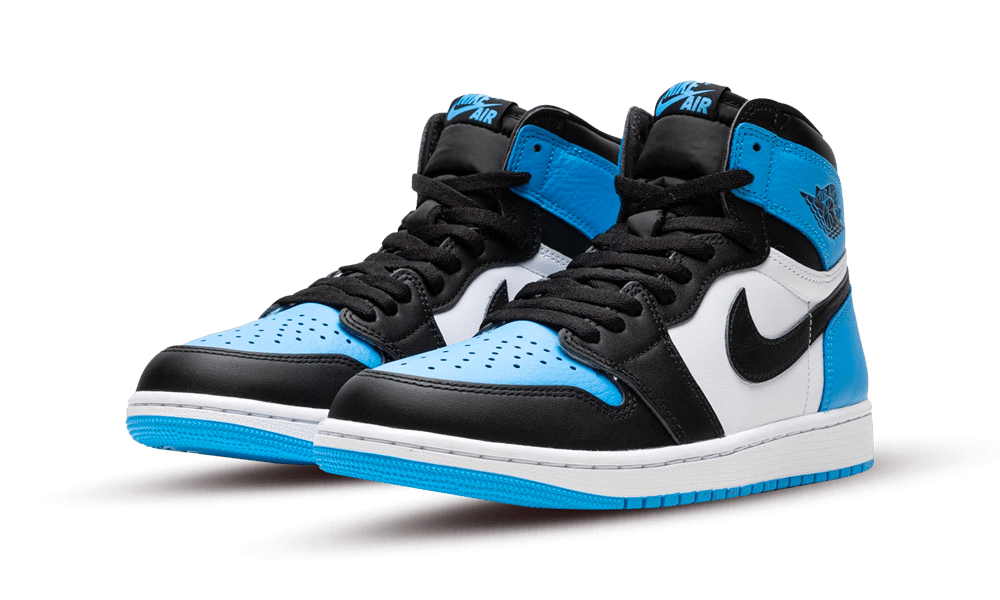 Pair of exclusive Nike Air Jordan 1 High OG UNC Toe sneakers in blue, black, and white with high-top design and iconic Nike swoosh, embodying The real deal.