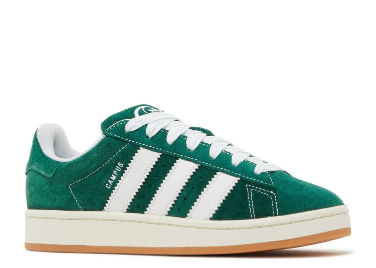 Side view of Adidas Campus 00s Dark Green Cloud White sneakers featuring dark green suede with white stripes, laces, and a cream-colored sole, perfect exclusive trainers for Europe.