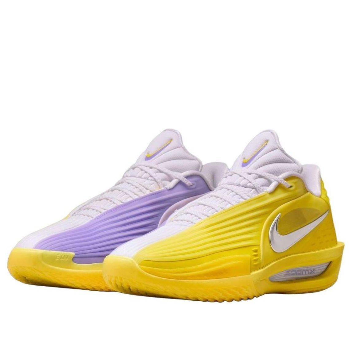 Nike Air Zoom GT Cut 3 Turbo Los Angeles Lakers, paar samen in paars en geel met geribfeld design