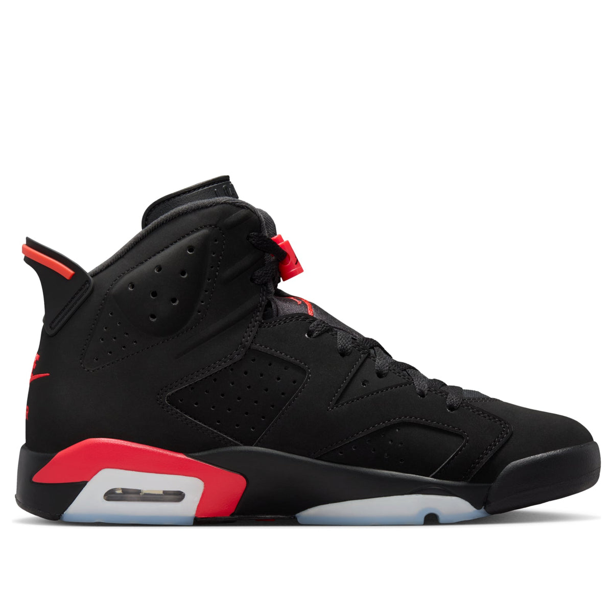 Jordan 6 Retro Reverse Infrared vooraanzicht met zwarte voorkant en rode Air unit