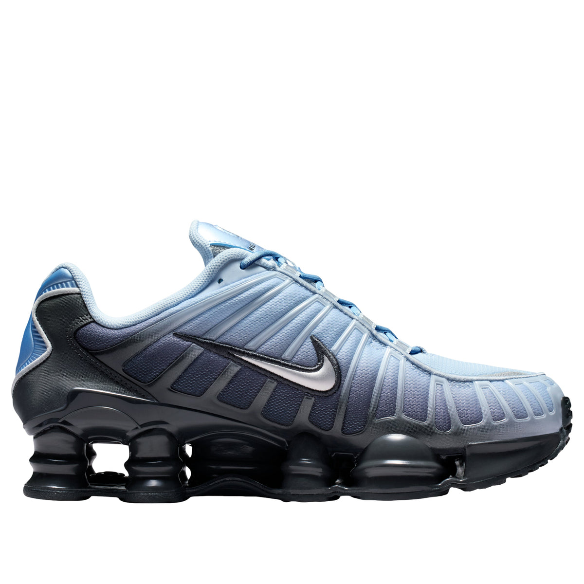 Nike Shox TL Light Armory Blue, zijaanzicht met sculpturen op Shox-zool, twee-toons kleurstelling zichtbaar