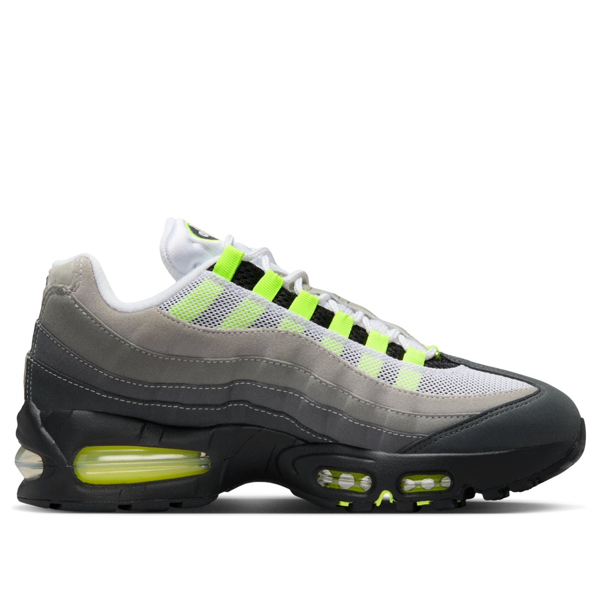 Nike Air Max 95 OG Big Bubble Neon (2026) zijaanzicht met mesh, suède en leer in wit, grijs en zwart, neon-gele Air Max zool