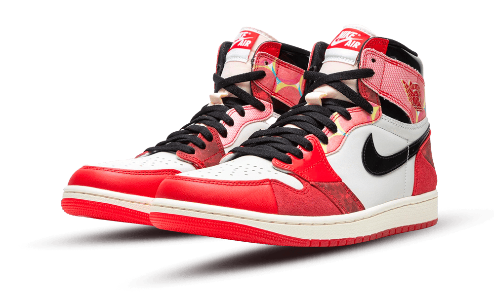 Pair of Nike Air Jordan 1 High OG Spider Man Across the Spider Verse sneakers in red, white, and black with Spider Man themed design, exclusive for Europe. The real deal.