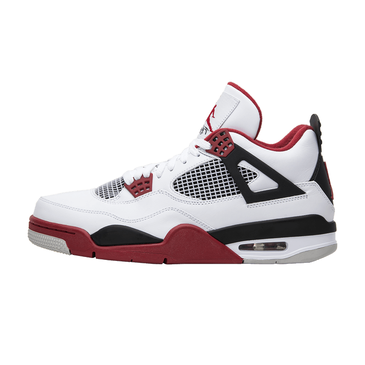 Jordan 4 Retro Fire Red (2012) zijaanzicht, wit leer met rood en zwart accenten, mesh panelen en Air unit zool