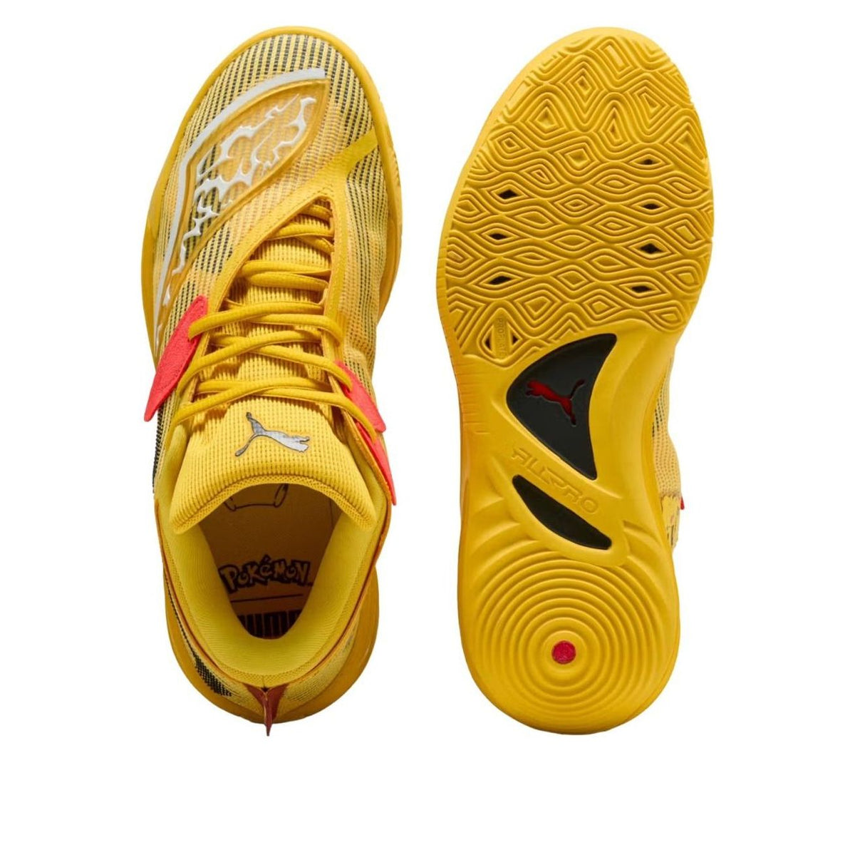 Puma All-Pro Nitro 2 Pokémon Pikachu, bovenaanzicht en zoolprofiel met geometrisch patroon
