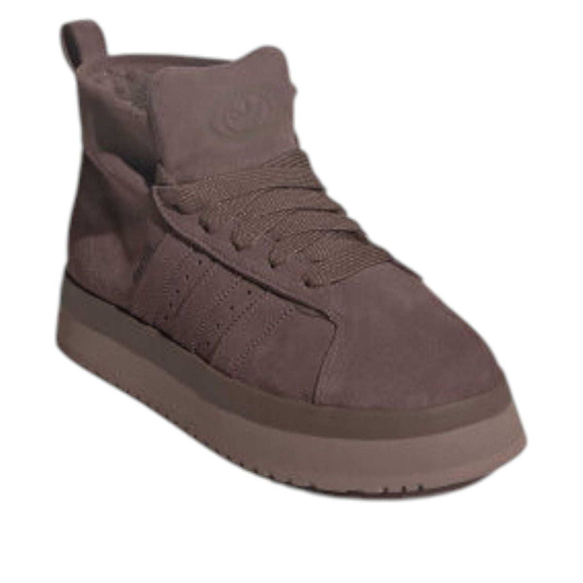 adidas Campus 00s Winter Mid Brown, driekwart aanzicht met vetersluiting en gevoerde bovenrand