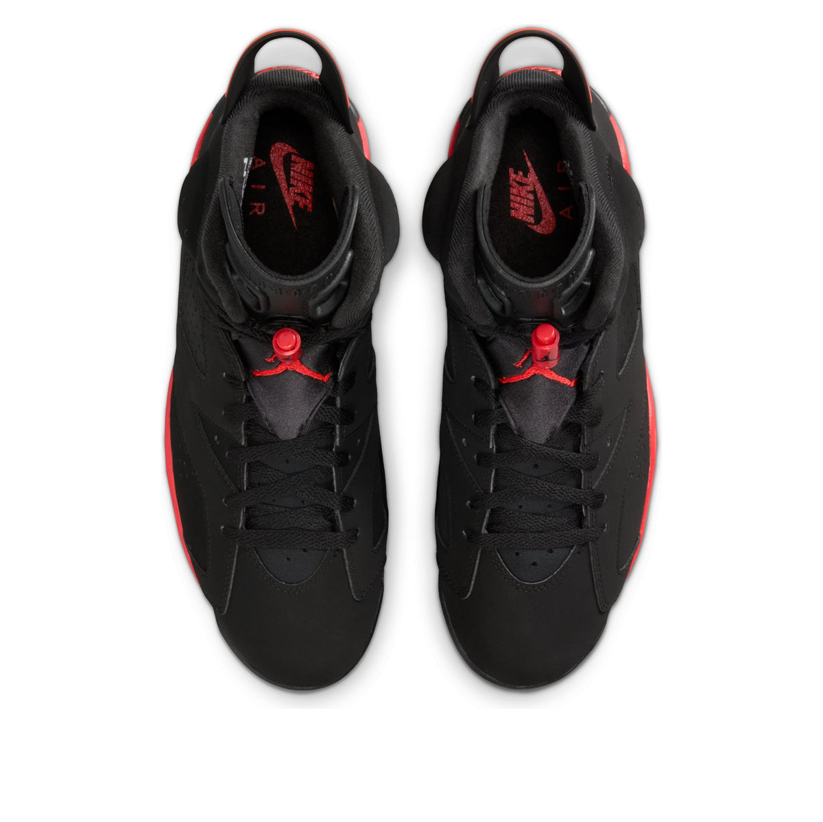 Jordan 6 Retro Reverse Infrared bovenaanzicht met rode Jumpman logo en AIR-branding op tong