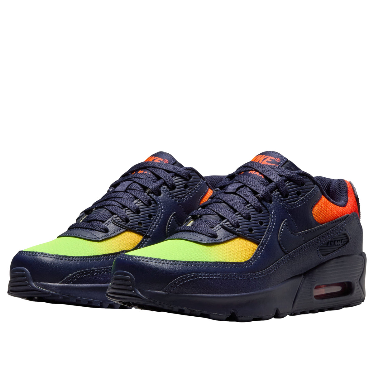Nike Air Max 90 LTR Lemon Venom Blackened Blue (GS) driekwart aanzicht, gepolijste zool zichtbaar met kleurcombinatie