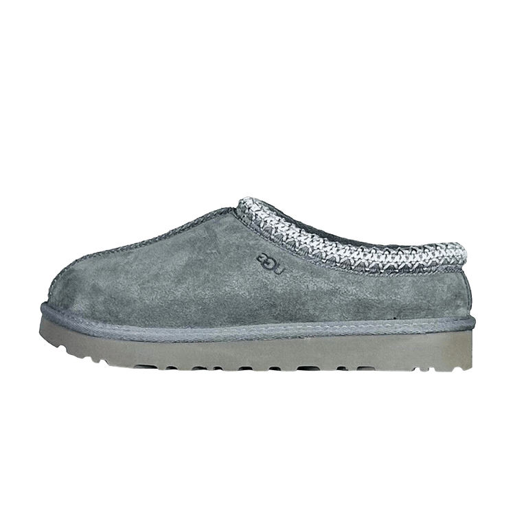 UGG Tasman Slipper Charcoal, zijaanzicht met grijze suède voering, glitterdetail en dik loopvlak