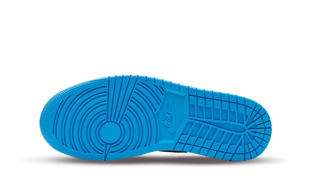 Blue sole of the Nike Air Jordan 1 High OG UNC Toe sneaker showcasing detailed tread pattern and Nike branding, representing exclusive sneakers in whole Europe. The real deal.