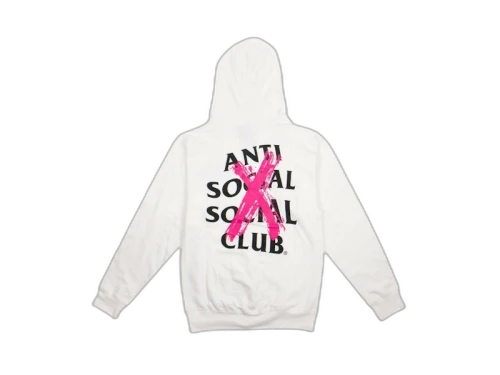 Anti Social Social Club Cancelled Hoodie White, achteraanzicht met roze grafisch logo op witte hoodie