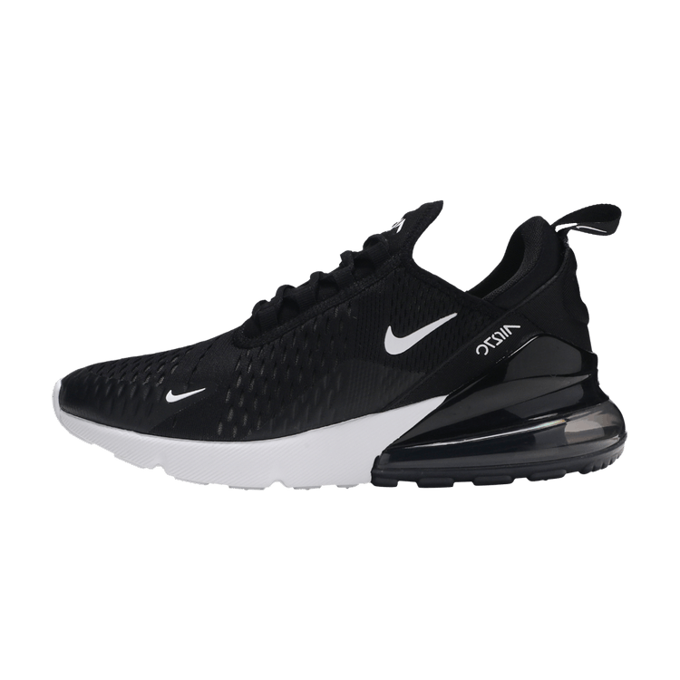 Nike Air Max 270 Black White in zijaanzicht met zwart textiel, wit Swoosh-logo en witte Air Max-zool