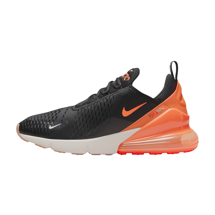 Nike Air Max 270 Black Phantom Total Orange, zijaanzicht met zwart mesh bovenwerk en oranje Air Max unit