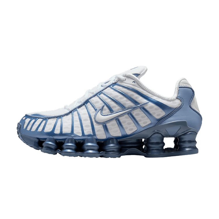 Nike Shox TL White Work Blue zijaanzicht met blauwe stiksels en emblematische Shox-zool