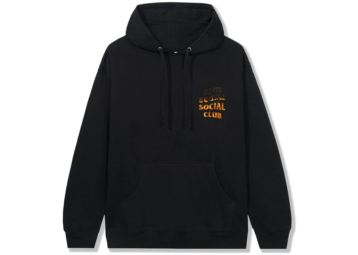 Anti Social Social Club A Fire Inside Flame Hoodie Black, vooraanzicht met klein borsteemborduursel en zwarte drawstrings