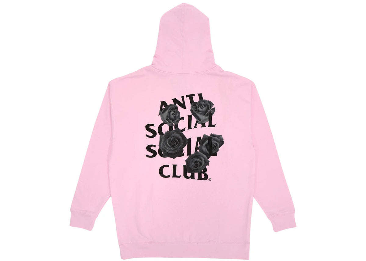 Anti Social Social Club Bat Emoji Hoodie Pink, vooraanzicht gedragen met capuchon, zwarte roosprint op roze katoen