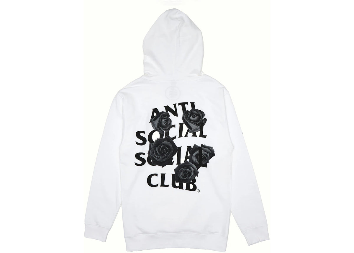 Anti Social Social Club Bat Emoji Hoodie White, achteraanzicht met dezelfde zwart rozendesign en ASSC-branding