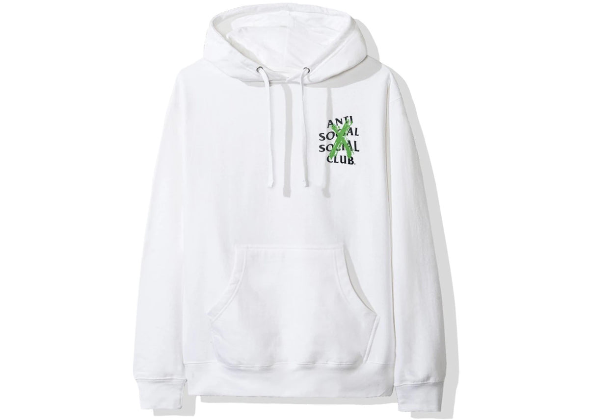 Anti Social Social Club Cancelled Remix Hoodie (FW19) White, vooraanzicht met klein groen logo op borst en kangaroo pocket