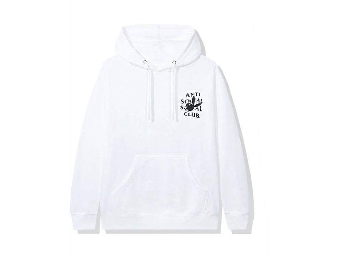 Anti Social Social Club Playboy Bunny Logo Hoodie White, vooraanzicht met klein logo op borst en kangaroozak