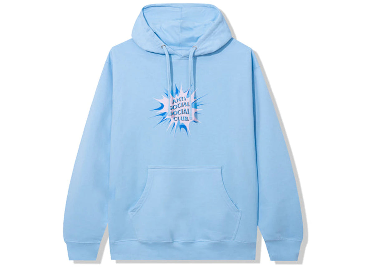 Anti Social Social Club Stunned Hoodie Blue, vooraanzicht met kangurupocket en blauw logo op lichtblauwe hoodie