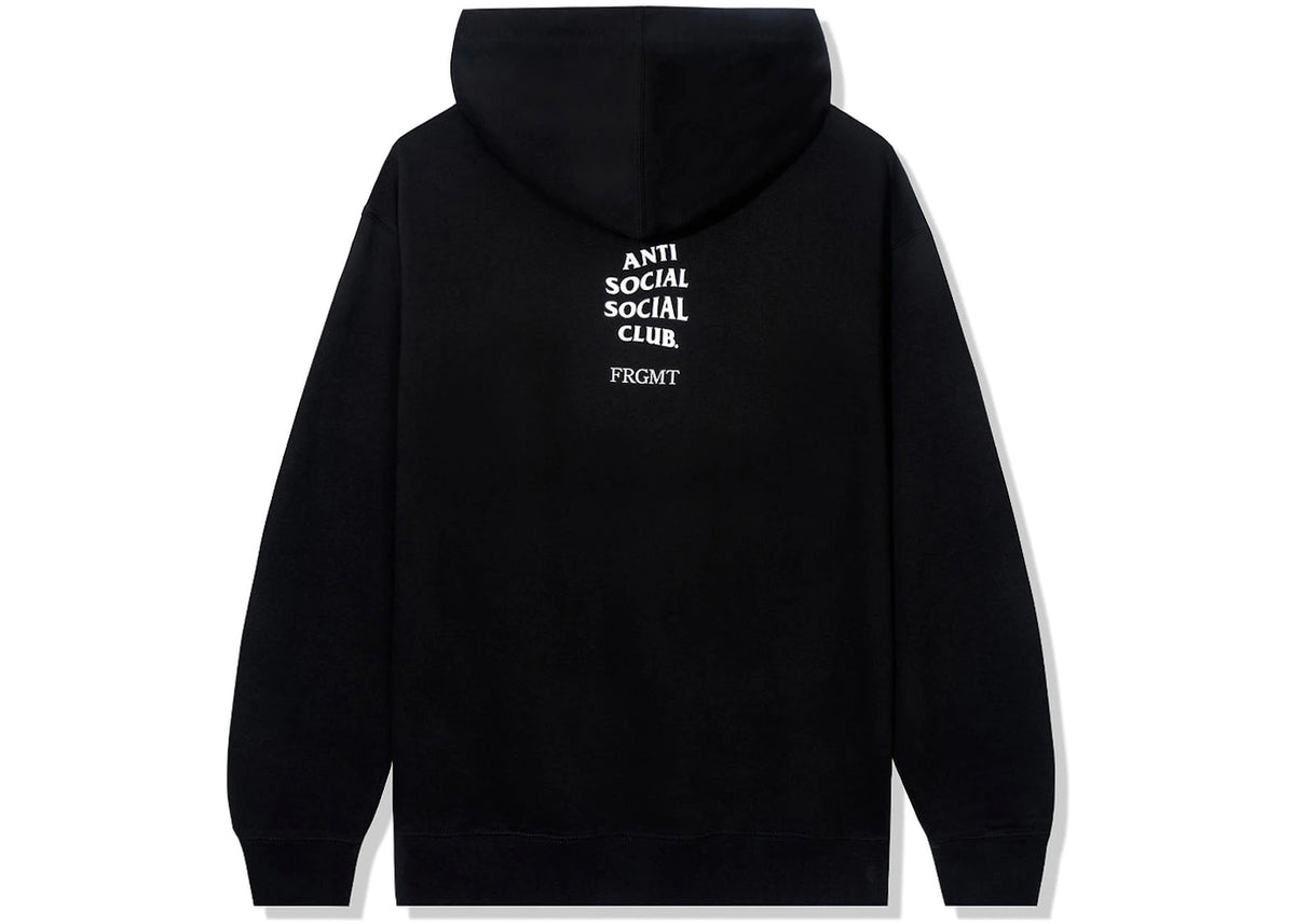 Anti Social Social Club x Fragment Called Interference Hoodie, achteraanzicht met wit tekstlogo op zwarte hoodie