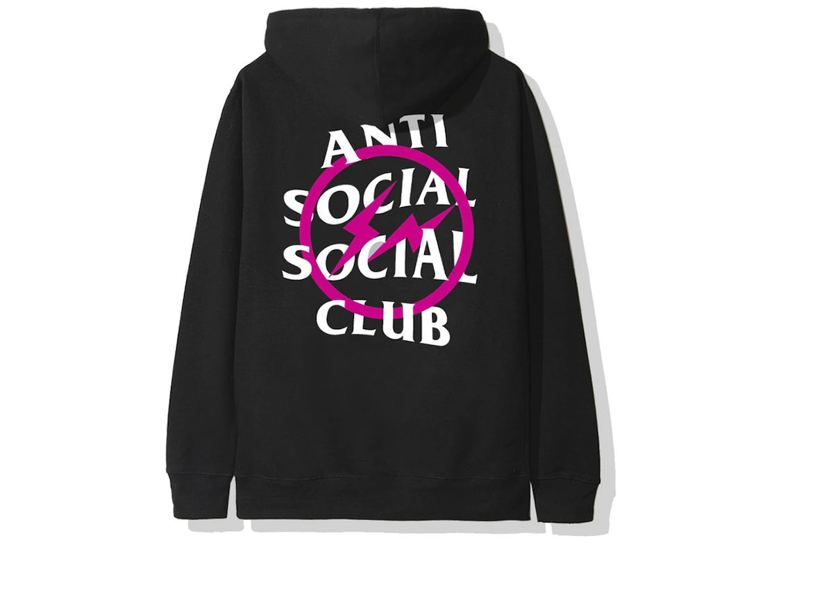 Anti Social Social Club x Fragment Pink Bolt Hoodie (FW19) Black, achteraanzicht met groot roze bliksemlogo en tekst
