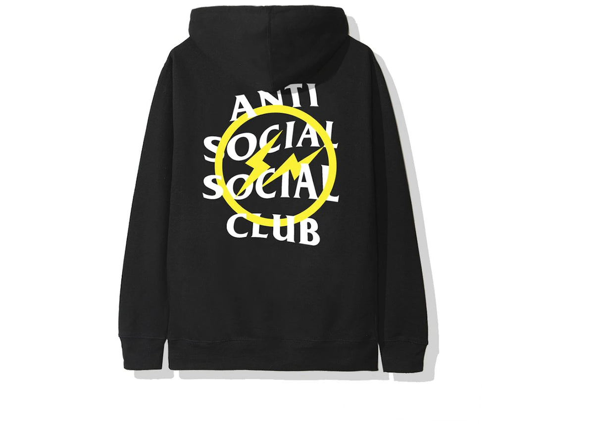 Anti Social Social Club x Fragment Yellow Bolt Hoodie (FW19) Black, achteraanzicht met groot geel cirkellogo en tekst