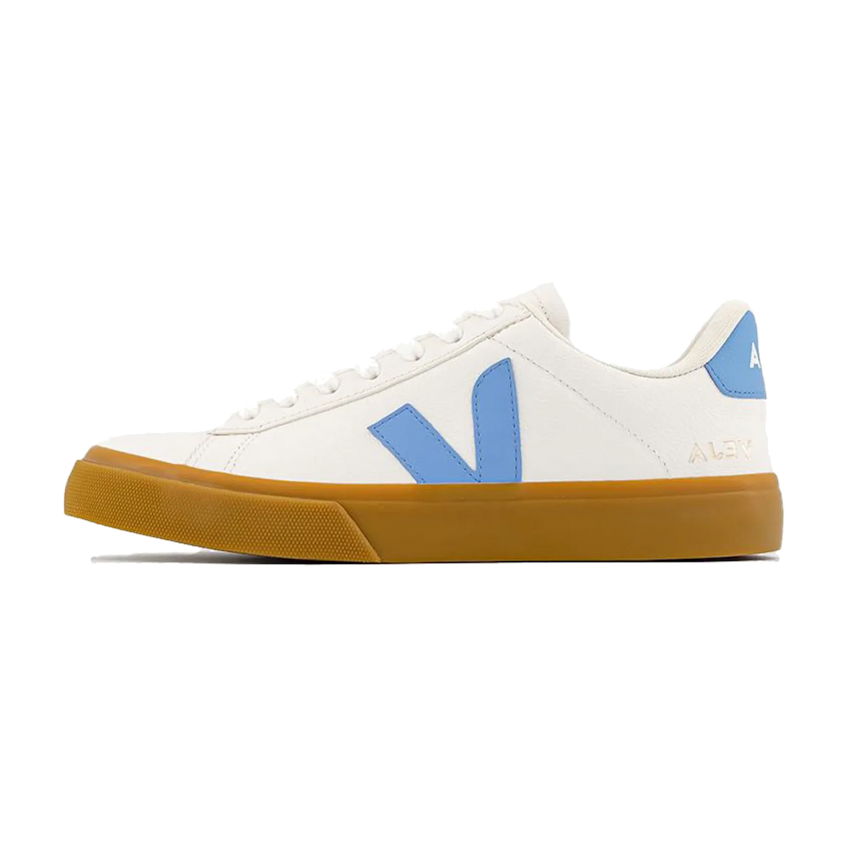 Veja Campo Extra White Aqua, zijaanzicht met wit leren bovenwerk, blauw V-logo en gummieutige zool