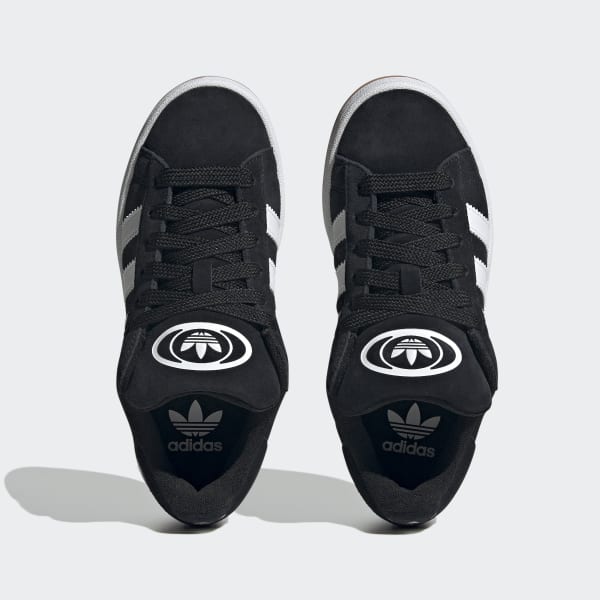 Top-down view of Adidas Campus 00s GS Core Black Kids sneakers featuring black suede material and white signature stripes, perfect exclusive trainers for European sneaker enthusiasts.