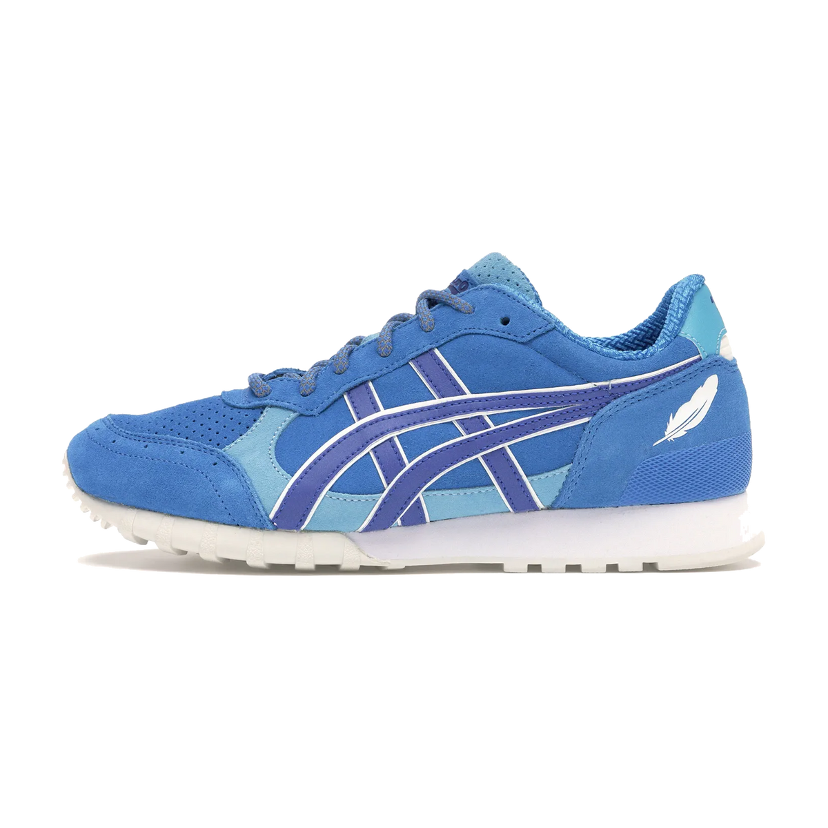 ASICS Onitsuka Tiger Colorado 85 End Bluebird, zijaanzicht met blauwe suèdelook, paarse streepdetails en witte zool
