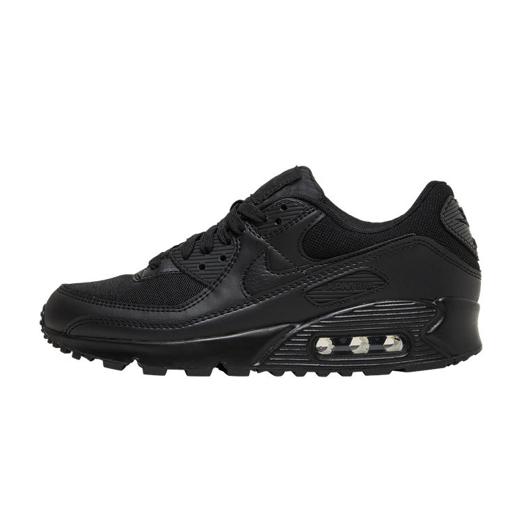 Nike Air Max 90 Triple Black zijaanzicht, volledig zwart met mesh en leer, zichtbare Air-unit