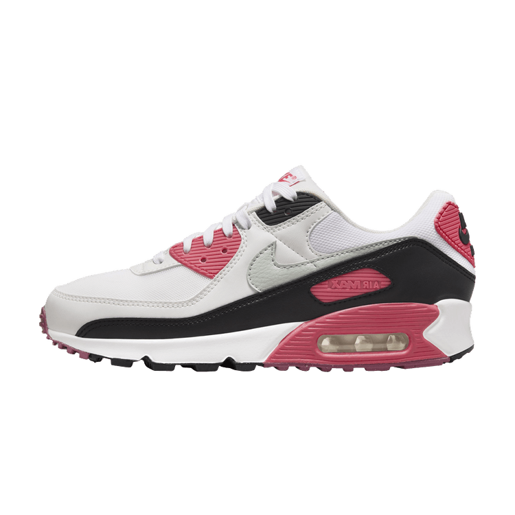 Nike Air Max 90 Aster Pink, zijaanzicht met wit leer, roze en zwarte accenten, zichtbare Air Max zool