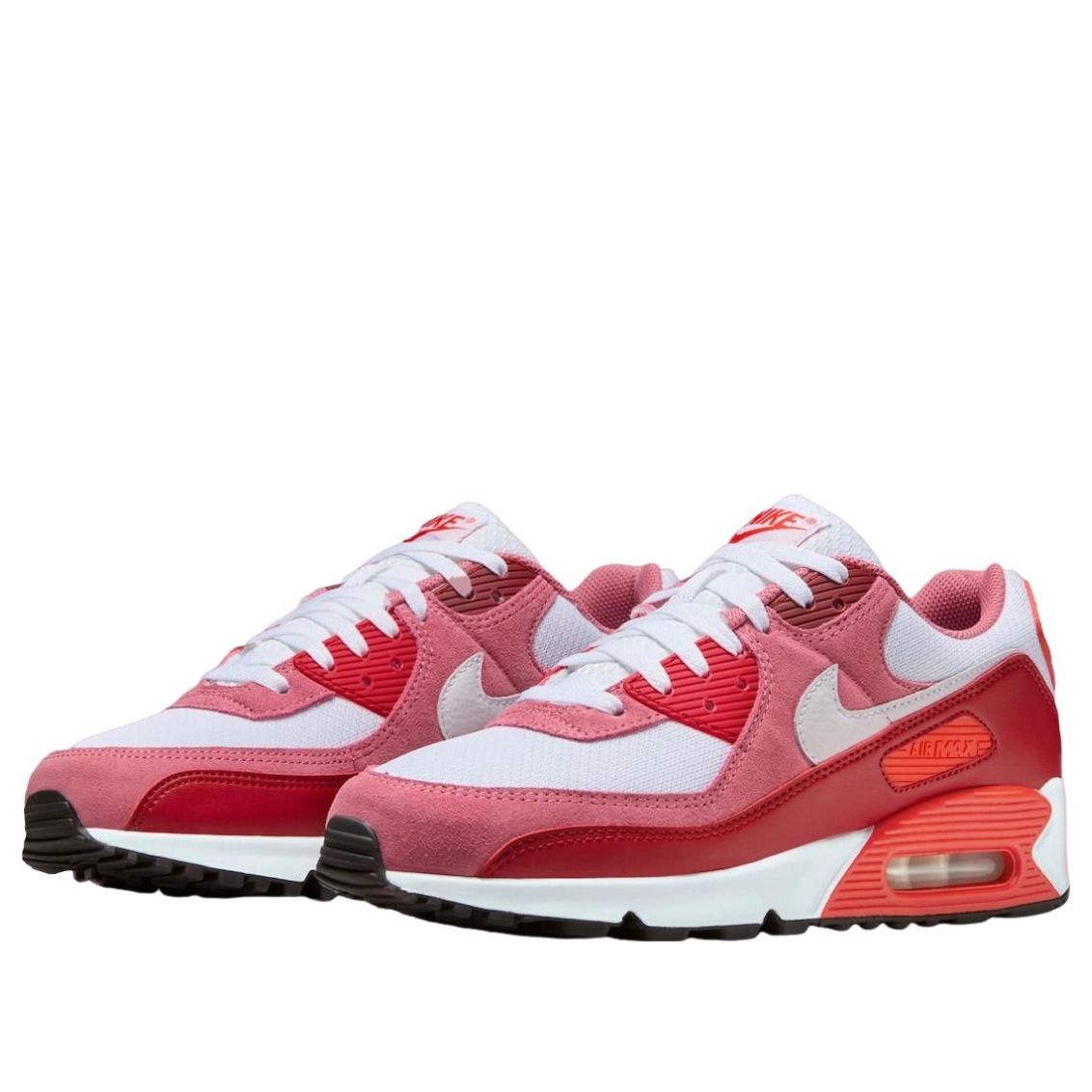 Nike Air Max 90 Peony Light Crimson paar samen bovenaanzicht, toont roze suède en witte mesh met rode Air-eenheden